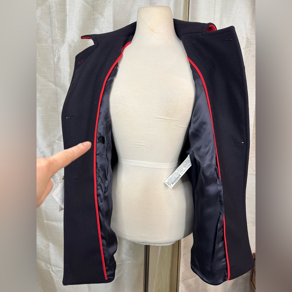 Zara Women's Double-Breasted Navy Coat with Red Accents - Picture 8 of 12